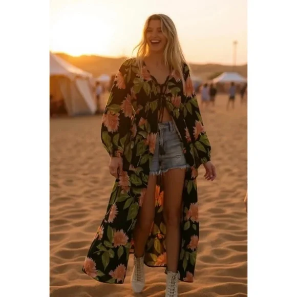 Flying Tomato Tropical Print Duster | Tie Waist Tiered Maxi Top - Picture 3 of 12